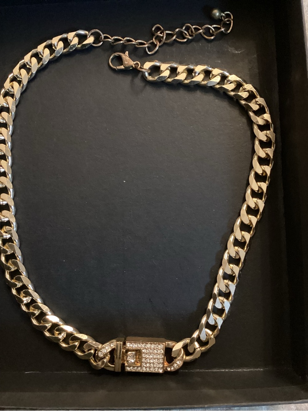 Gold Tone Cuban Link Necklace with Pave Clasp